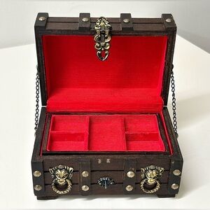 Vintage Gargoyle Hardware Studded Wooden Hinge Lidded Treasure Chest Jewelry Box